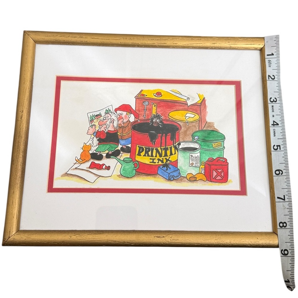 Santa Clause & His Elves Wall Decor Re-Drawn Painted Gold Frames Set of 3 - Picture 12 of 16